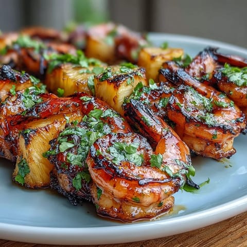 Grilled shrimp and pineapple skewers with cilantro lime marinade sizzle on the grill, offering juicy seafood and sweet fruit in every bite.