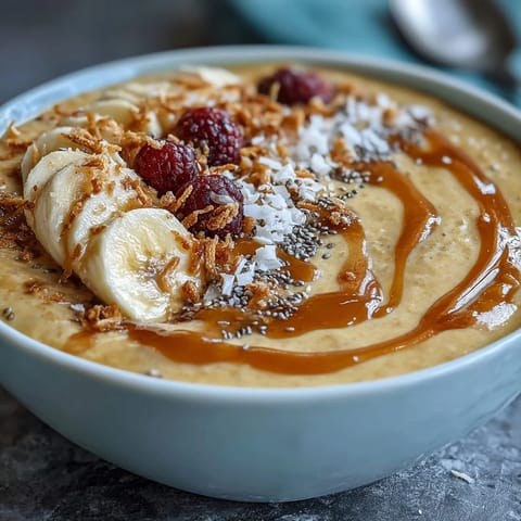 Vegan golden milk overnight oats with turmeric and ginger in a glass jar, topped with coconut flakes, berries, and banana slices.