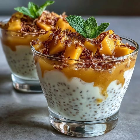 Creamy vegan chia pudding cups layered with fresh mango purée and coconut milk, topped with toasted coconut and diced mango for a tropical dessert.
