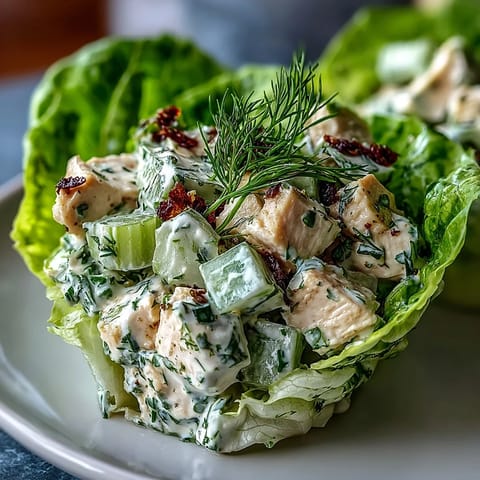 Creamy avocado and tender chicken blend with fresh herbs, spooned into crunchy lettuce cups for a light, satisfying meal.