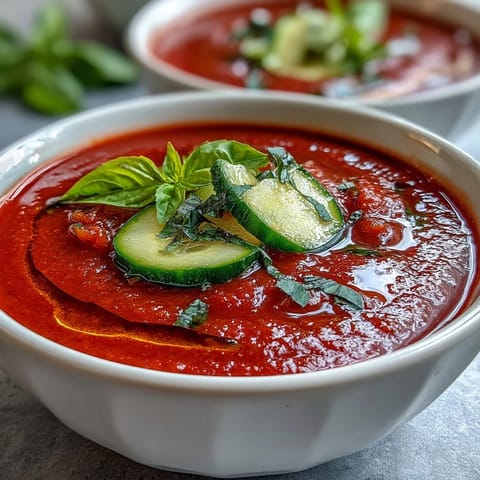 Vibrant Slim Summer Gazpacho with Cucumber, Tomato, and Bell Pepper in a white bowl, garnished with fresh herbs and diced vegetables.