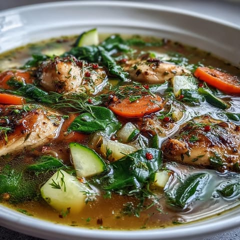 This healing One-Pot Chicken and Veggie Detox Soup features colorful vegetables, juicy chicken, and a fragrant herb broth, perfect for a wholesome, light dinner.