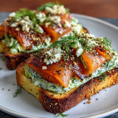 Fluffy keto bread slices topped with creamy avocado, silky smoked salmon, and a sprinkle of everything bagel seasoning for a low-carb brunch favorite.