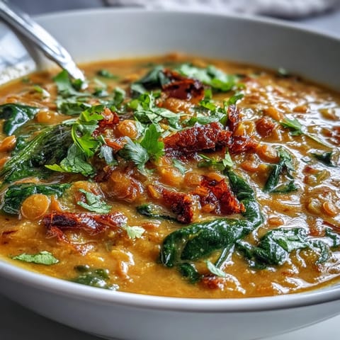 Rich and aromatic coconut lentil dahl with vibrant spinach leaves, garnished with lime wedges and fresh cilantro for a zesty finish.  