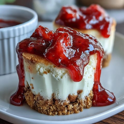 High-protein strawberry cheesecake bites topped with vibrant berry sauce, perfect for a healthy dessert or snack.  