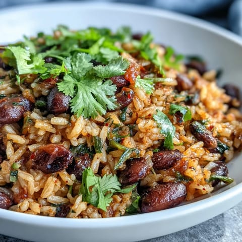 Fluffy brown rice simmered with savory beans, smoky paprika, and cumin, garnished with vibrant herbs for authentic Mexican flavor.  