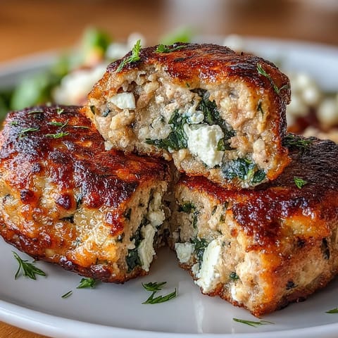 Juicy Greek turkey patties infused with fresh spinach, feta, and aromatic herbs, perfect for a healthy Mediterranean dinner.