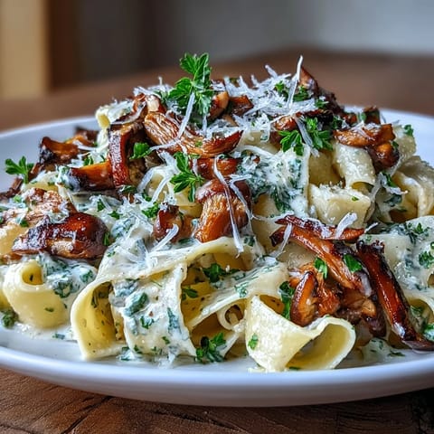 Creamy mushroom pasta with thyme, pappardelle tossed in a rich, velvety sauce with earthy mushrooms and Parmesan.