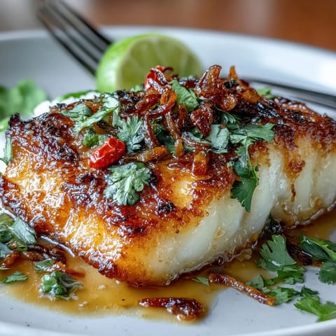 Crispy pan-seared white fish fillets topped with a zesty chilli-lime sauce and fresh cilantro, perfect for an easy Thai-inspired dinner.