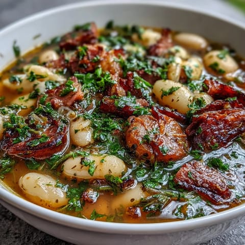 Close-up of hearty bean soup with tender smoked ham, creamy potatoes, and vibrant vegetables simmering in a rustic pot.  