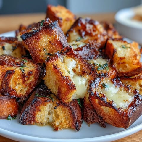 Crispy sourdough croutons baked golden brown, perfect for topping French onion soup with a tangy crunch.  