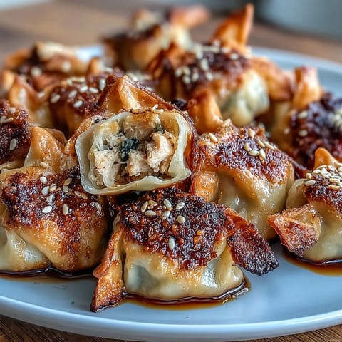 Crispy air fryer chicken dumplings with sesame soy sauce, golden and juicy, perfect for appetizers or a light meal.  