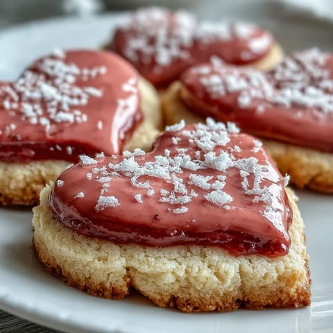 A batch of heart-shaped sugar cookies topped with smooth strawberry icing, perfect for a romantic dessert table.