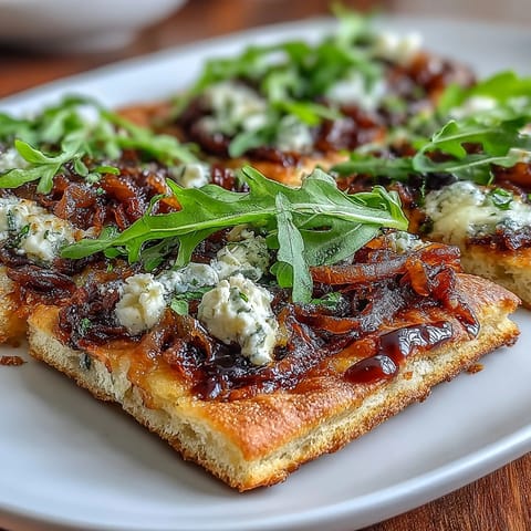 Crispy flatbread pizza with sweet caramelized onions, creamy mozzarella, tangy goat cheese, and peppery arugula—drizzled with balsamic glaze for gourmet flavor.