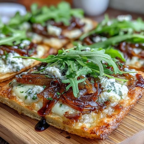 Golden-brown flatbread topped with rich caramelized onions, melted cheese, fresh arugula, and a tangy balsamic drizzle—ideal for a light dinner or appetizer.