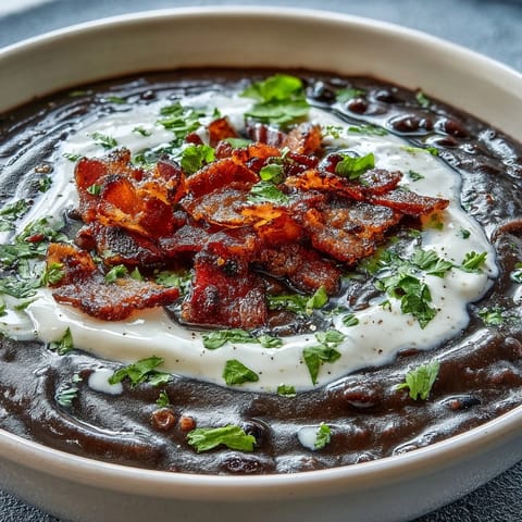 Smoky, creamy black bean soup topped with crunchy bacon bits and zesty lime crema for a comforting, flavor-packed meal.  