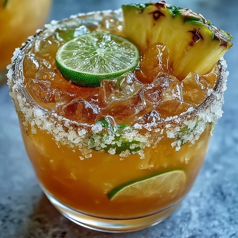 A vibrant pineapple margarita mocktail with lime and salt rim, garnished with fresh pineapple and lime slices in chilled glasses.