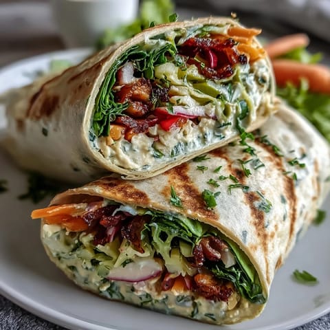 Fresh spring vegetable and hummus wraps with spinach tortillas, filled with crisp carrots, cucumbers, and colorful peppers for a vibrant, healthy meal.
