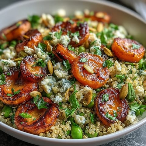 Warm quinoa bowl with roasted carrots and green peas, a colorful and nourishing vegetarian meal.  