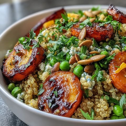 Hearty quinoa topped with caramelized roasted carrots, green peas, and red onion, drizzled with lemon-Dijon dressing.  