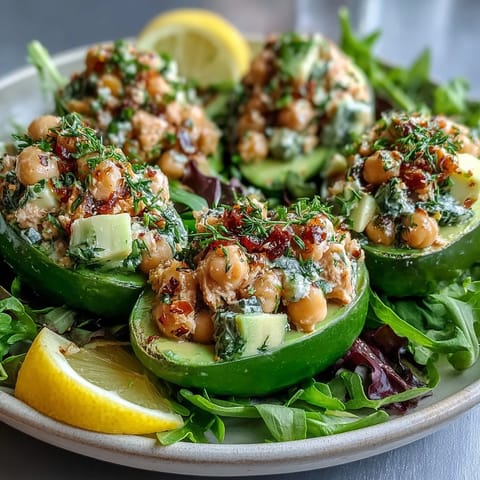Zesty plant-based chickpea tuna salad piled high in avocado boats, perfect for a healthy vegan lunch.  