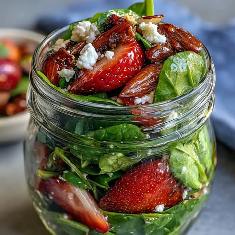 Fresh strawberry and spinach mason jar salads with balsamic vinaigrette, layered with crunchy almonds and creamy feta for a vibrant, healthy meal prep option.