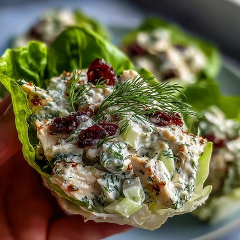 Greek yogurt chicken salad lettuce wraps with fresh herbs and crisp vegetables.  