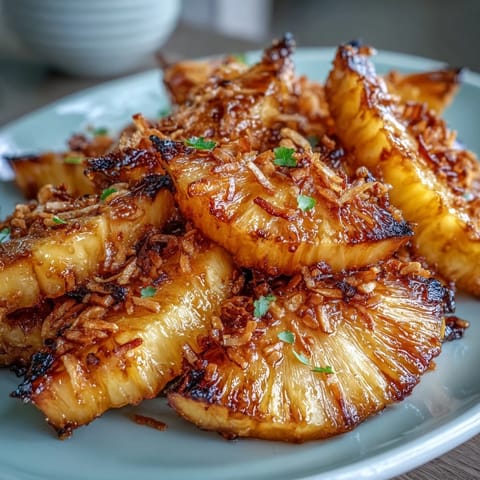 Golden roasted pineapple glazed with honey-lime, topped with toasted coconut for a tropical dessert treat.  