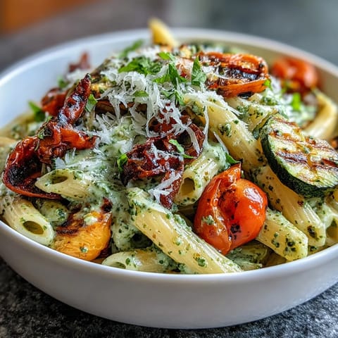 Roasted veggie and pesto pasta with cherry tomatoes in a creamy basil sauce, served hot and garnished with Parmesan and fresh basil.  