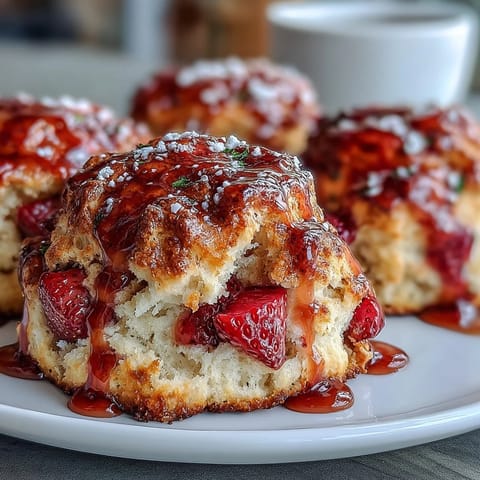 Golden scones topped with lemon glaze and fresh berries, bursting with juicy strawberries and zesty citrus flavor.  