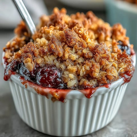 A warm mixed berry crumble with juicy berries and a golden oat topping in a small ramekin, perfect for two.