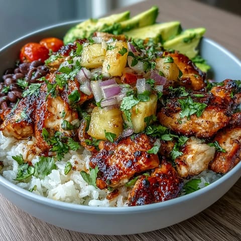 A vibrant bowl of coconut rice topped with spiced chicken, fresh pineapple salsa, black beans, and avocado slices for a tropical twist.