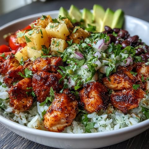 Colorful chicken pineapple taco bowls with creamy coconut rice, zesty salsa, and fresh veggies—perfect for a healthy, satisfying meal.