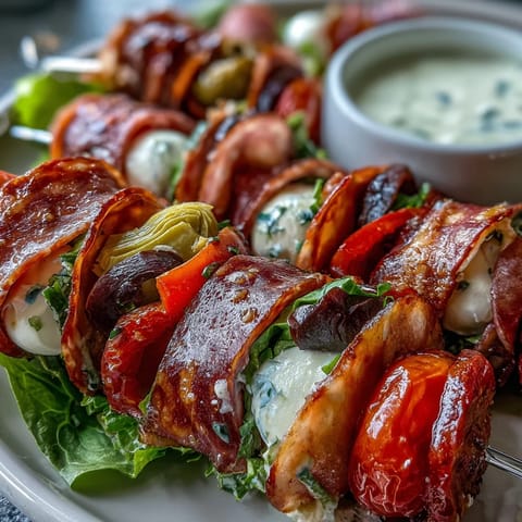 Colorful Italian sub skewers loaded with salami, ham, mortadella, mozzarella, and fresh vegetables, paired with rich homemade aioli.  
