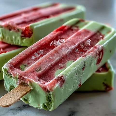 Creamy Strawberry Matcha Latte Popsicles with vibrant red and green layers, perfect for cooling off on a hot summer day.