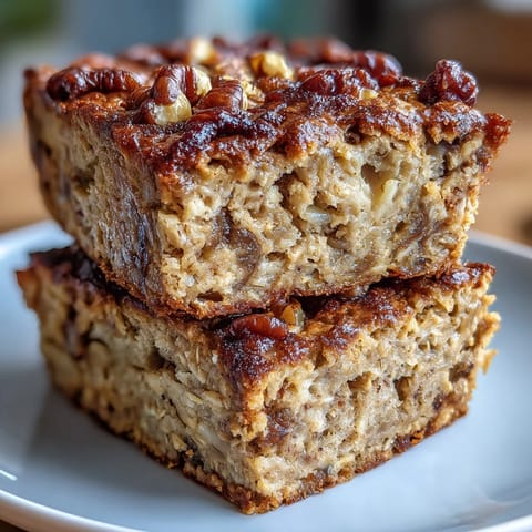 A slice of high-protein banana bread baked oats, golden and moist, topped with sliced bananas and chopped walnuts for crunch.