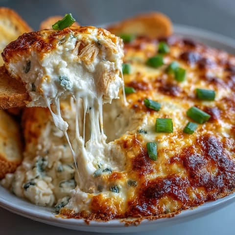 Creamy cottage cheese buffalo chicken dip with shredded chicken, spicy buffalo sauce, and melted cheeses in a baking dish.