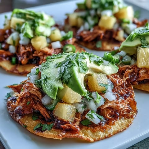 Crispy tostadas piled high with zesty shredded chicken and fresh pineapple salsa, garnished with creamy avocado slices.  