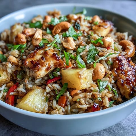 Vibrant pineapple chicken fried rice with cashews, colorful vegetables, and juicy pineapple chunks in a savory-sweet sauce. A quick and satisfying weeknight dinner.