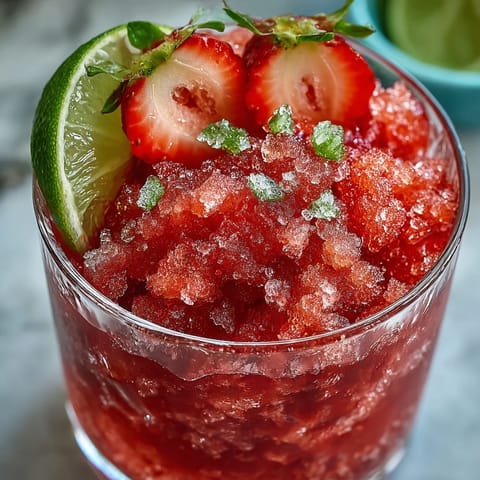 A frosty glass of light strawberry daiquiri slushie, blending fresh strawberries with lime and rum for a refreshing summer cocktail.