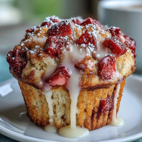 Fluffy strawberry muffins with fresh diced berries and a tangy lemon glaze, perfect for breakfast or brunch.