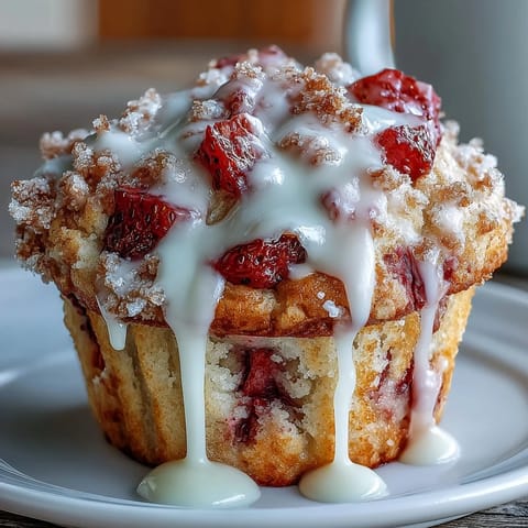 Golden strawberry muffins topped with a bright lemon glaze, offering a sweet-tart flavor combination in every bite.