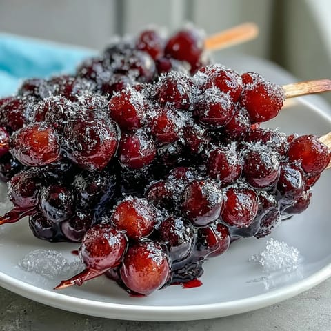 Frozen grape skewers with lime sugar offer a zesty, frosty summer snack bursting with sweet-tart flavor and juicy freshness.