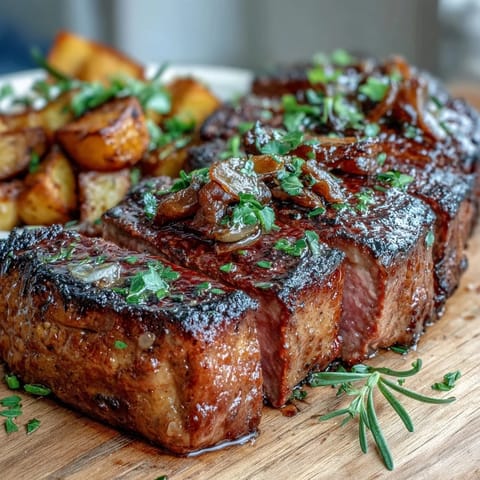 Tender garlic butter steak bites and crispy potatoes, a savory main dish perfect for spring dinner parties.  
