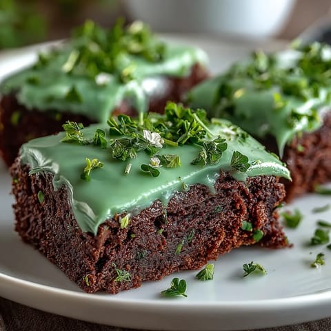 Shamrock-shaped brownies with rich chocolate base and vibrant green icing, perfect for St. Patrick's Day celebrations.  