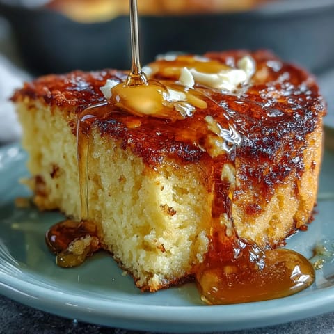 Golden, moist Southern-style cornbread baked in a cast-iron skillet, served warm with luscious honey butter for the ultimate comfort food experience.