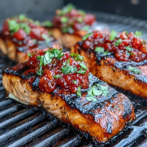 Zesty strawberry salsa crowns perfectly grilled salmon, offering a sweet and tangy contrast in this easy, healthy recipe.  