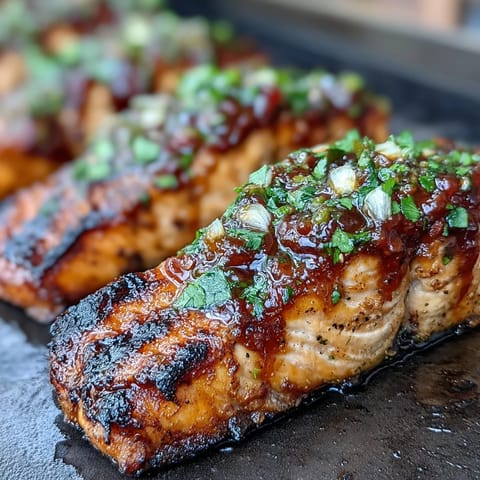 Grilled salmon fillets topped with bright, juicy strawberry salsa and fresh cilantro for a colorful spring dinner.  