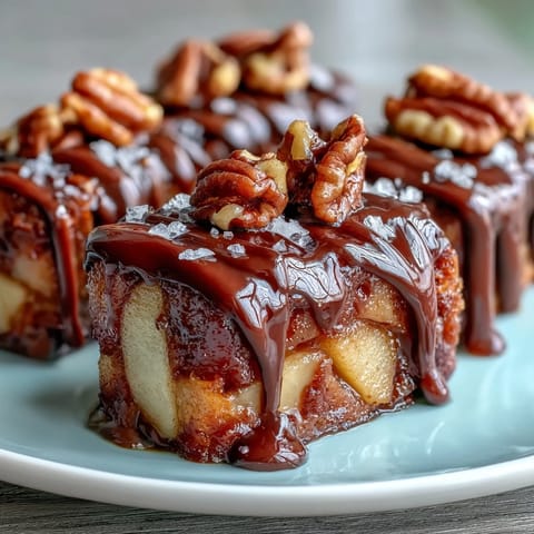 Crisp apple slices drizzled with caramel and dark chocolate, garnished with nuts for a festive dessert treat.