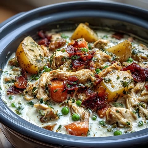 Creamy Slow Cooker Chicken Pot Pie Soup with tender chicken, hearty vegetables, and rich, savory broth in a cozy bowl.